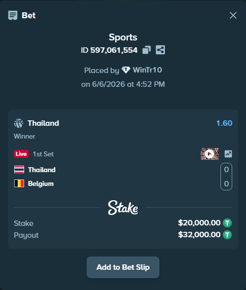 Bet slip: Thailand - Belgium, $20,000.00 stake at 1.60 odds, placed by WinTr10