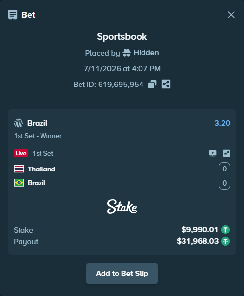 Bet slip: Thailand - Brazil, $10,000.00 stake at 3.20 odds, placed by Hidden
