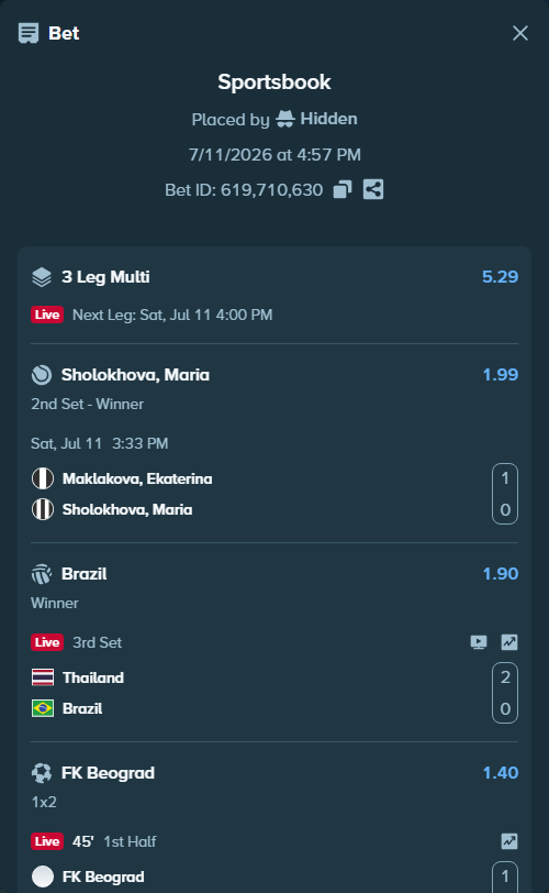 Bet slip: Thailand - Brazil, $16,946.00 stake at 1.90 odds, placed by Hidden
