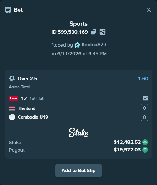 Bet slip: Thailand - Cambodia, $12,495.00 stake at 1.60 odds, placed by Kaidou827