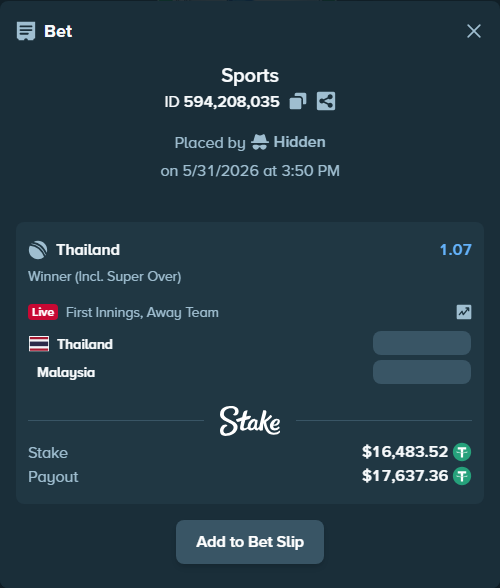 Bet slip: Thailand - Malaysia, $16,500.00 stake at 1.07 odds, placed by Hidden
