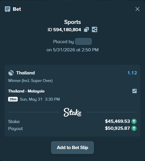 Bet slip: Thailand - Malaysia, $45,515.00 stake at 1.12 odds, placed by mridul365365