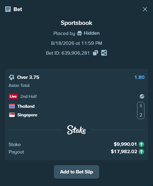 Bet slip: Thailand - Singapore, $10,000.00 stake at 1.80 odds, placed by Hidden