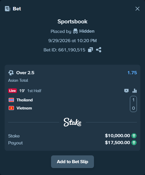 Bet slip: Thailand - Vietnam, $10,000.00 stake at 1.75 odds, placed by tlwns4736