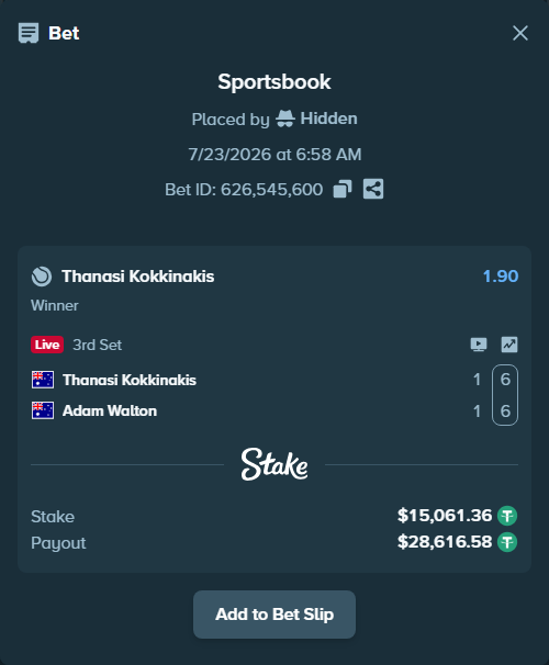 Bet slip: Thanasi Kokkinakis - Adam Walton, $15,076.42 stake at 1.90 odds, placed by Hidden