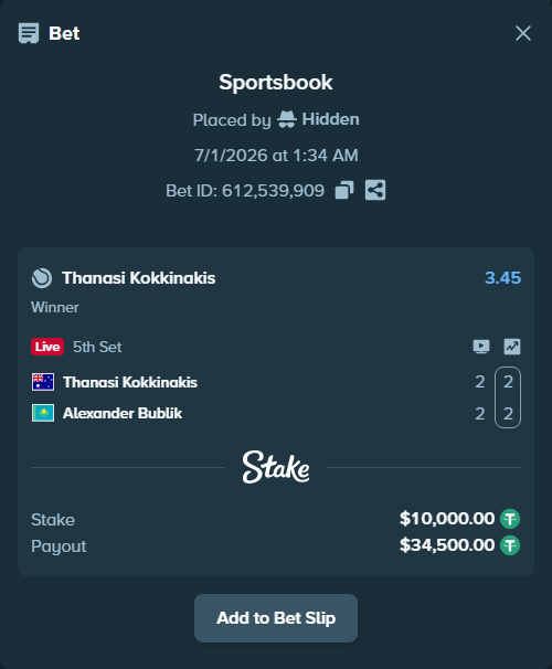 Bet slip: Thanasi Kokkinakis - Alexander Bublik, $10,020.00 stake at 3.45 odds, placed by Hidden
