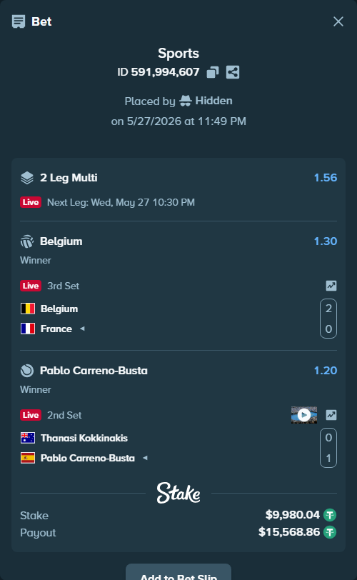 Bet slip: Thanasi Kokkinakis - Pablo Carreno-Busta, $10,000.00 stake at 1.20 odds, placed by Hidden
