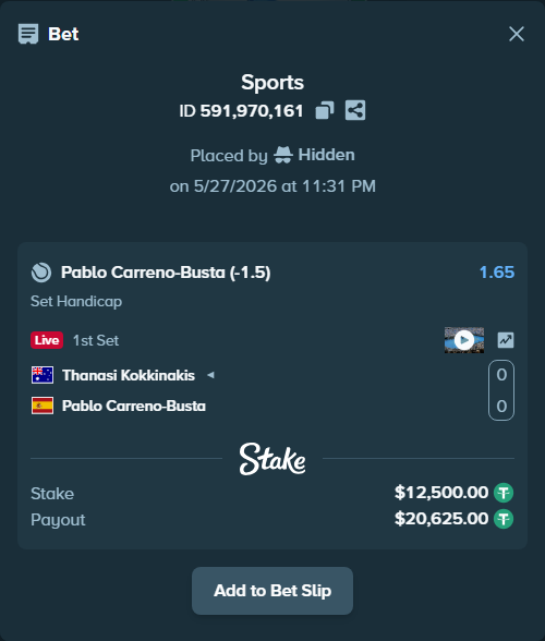 Bet slip: Thanasi Kokkinakis - Pablo Carreno-Busta, $12,525.00 stake at 1.65 odds, placed by Hidden