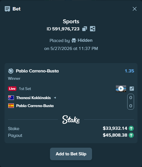 Bet slip: Thanasi Kokkinakis - Pablo Carreno-Busta, $34,000.00 stake at 1.35 odds, placed by Hidden