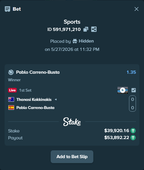 Bet slip: Thanasi Kokkinakis - Pablo Carreno-Busta, $40,000.00 stake at 1.35 odds, placed by Hidden