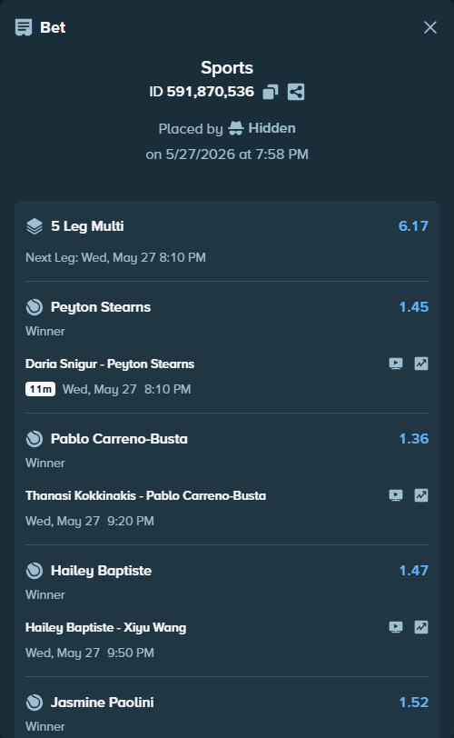Bet slip: Thanasi Kokkinakis - Pablo Carreno-Busta, $50,050.00 stake at 1.36 odds, placed by Hidden