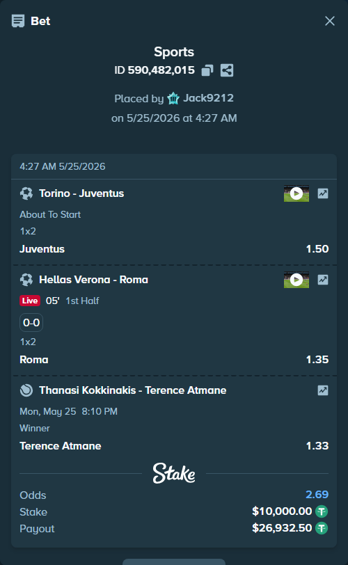 Bet slip: Thanasi Kokkinakis - Terence Atmane, $10,000.00 stake at 1.33 odds, placed by Jack9212
