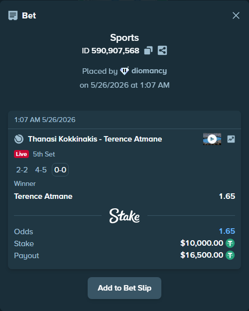 Bet slip: Thanasi Kokkinakis - Terence Atmane, $10,000.00 stake at 1.65 odds, placed by diomancy