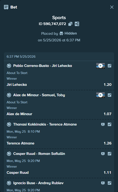 Bet slip: Thanasi Kokkinakis - Terence Atmane, $25,000.00 stake at 1.26 odds, placed by Hidden