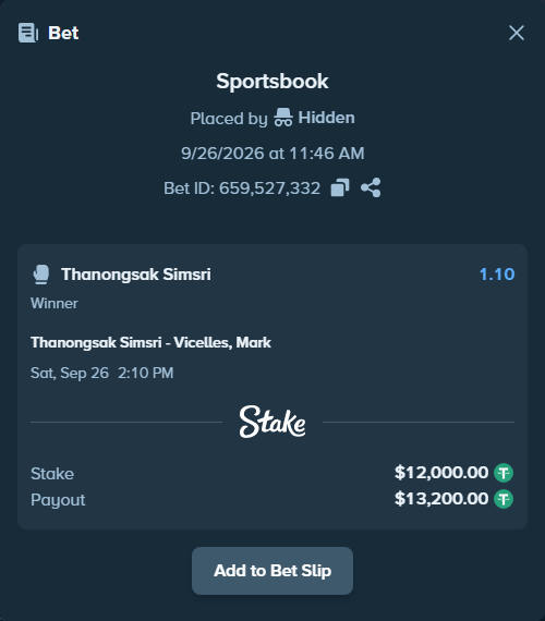 Bet slip: Thanongsak Simsri - Vicelles, Mark, $12,000.00 stake at 1.10 odds, placed by korehato