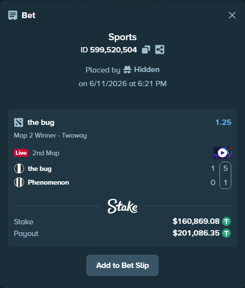 Bet slip: the bug - Phenomenon, $161,029.95 stake at 1.25 odds, placed by Hidden