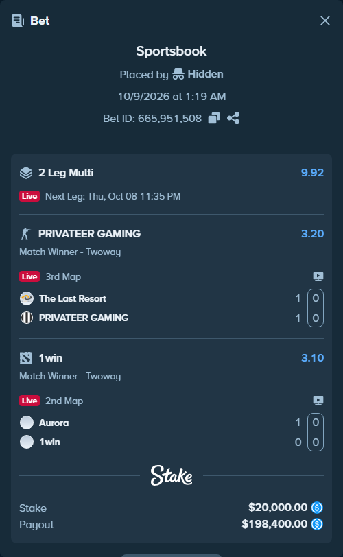 Bet slip: The Last Resort - PRIVATEER GAMING, $20,000.00 stake at 3.20 odds, placed by Hidden