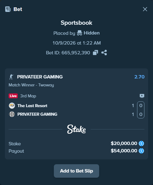 Bet slip: The Last Resort - PRIVATEER GAMING, $20,000.00 stake at 2.70 odds, placed by Hidden