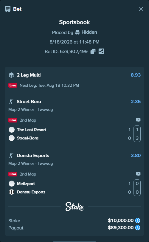 Bet slip: The Last Resort - Strael-Bora, $10,000.00 stake at 2.35 odds, placed by Hidden