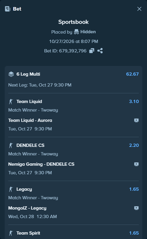 Bet slip: The MongolZ - Legacy, $10,000.00 stake at 1.65 odds, placed by Hidden