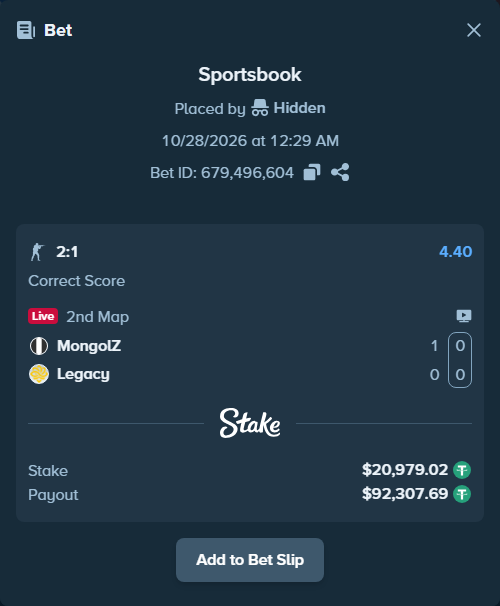 Bet slip: The MongolZ - Legacy, $21,000.00 stake at 4.40 odds, placed by Hidden