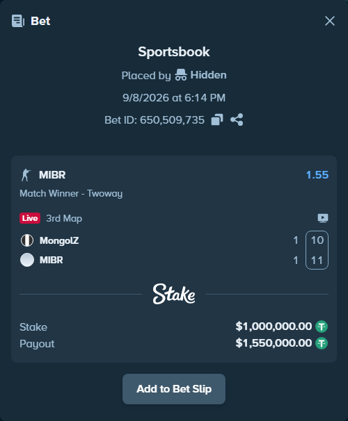 Bet slip: The MongolZ - MIBR, $1,000,000.00 stake at 1.55 odds, placed by Hidden