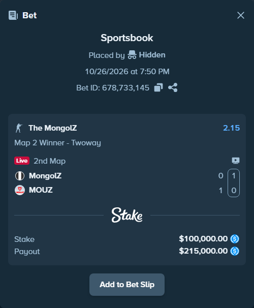 Bet slip: The MongolZ - MOUZ, $100,000.00 stake at 2.15 odds, placed by Hidden