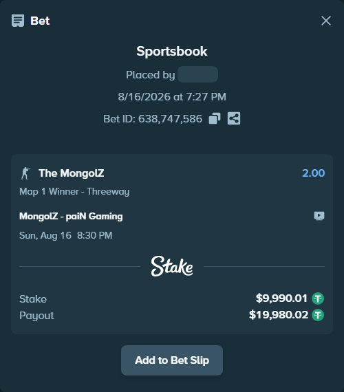 Bet slip: The MongolZ - paiN Gaming, $10,000.00 stake at 2.00 odds, placed by saszakoncza