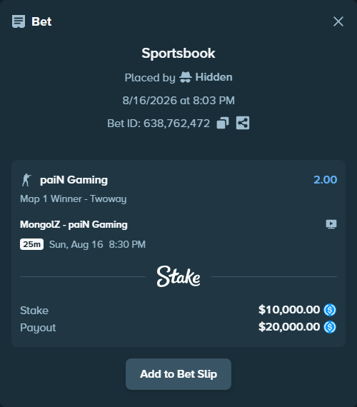 Bet slip: The MongolZ - paiN Gaming, $10,000.00 stake at 2.00 odds, placed by Hidden
