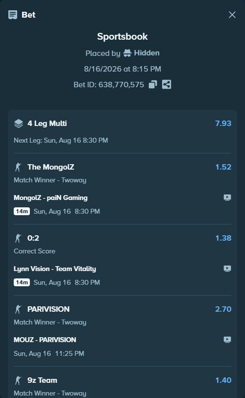 Bet slip: The MongolZ - paiN Gaming, $10,100.09 stake at 1.52 odds, placed by Hidden