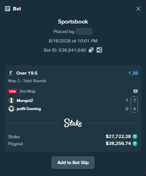Bet slip: The MongolZ - paiN Gaming, $27,750.00 stake at 1.38 odds, placed by saszakoncza