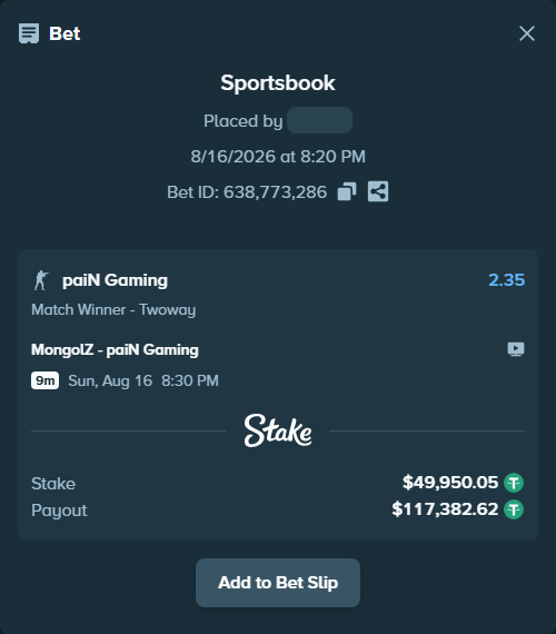 Bet slip: The MongolZ - paiN Gaming, $50,000.00 stake at 2.35 odds, placed by fantasy7788