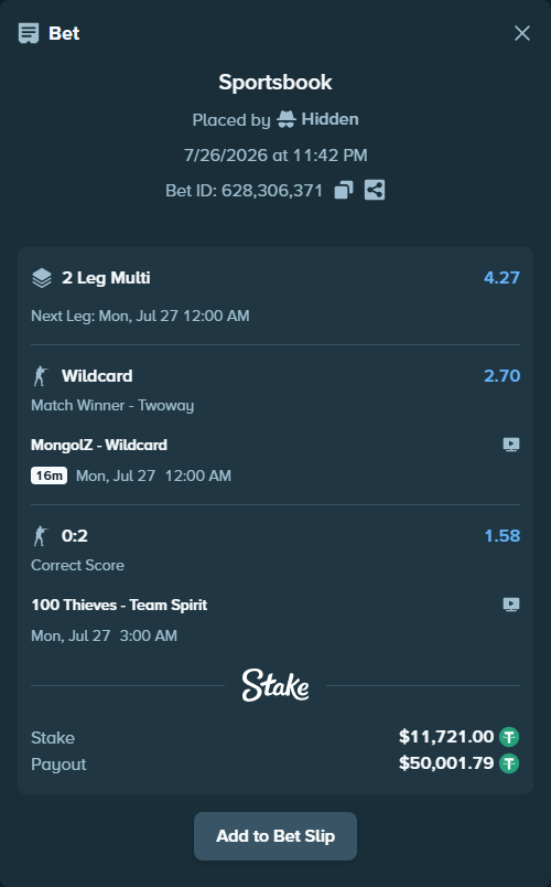 Bet slip: The MongolZ - Wildcard, $11,721.00 stake at 2.70 odds, placed by Hidden