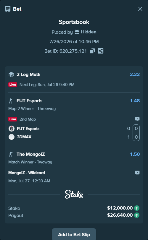 Bet slip: The MongolZ - Wildcard, $12,000.00 stake at 1.50 odds, placed by Hidden