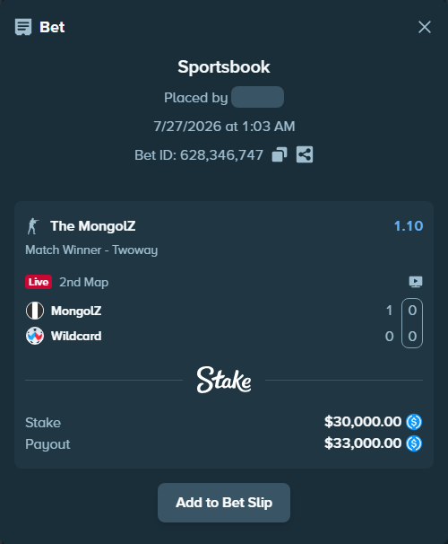 Bet slip: The MongolZ - Wildcard, $30,000.00 stake at 1.10 odds, placed by kievpanda