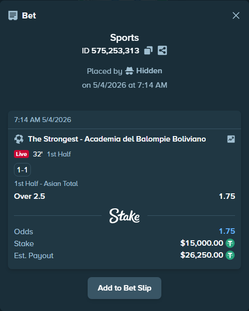 Bet slip: The Strongest - Academia del Balompie Boliviano, $15,000.00 stake at 1.75 odds, placed by Hidden