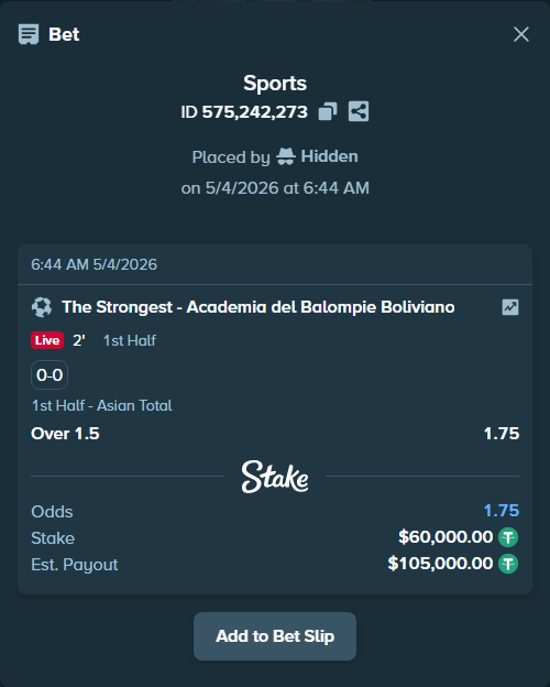 Bet slip: The Strongest - Academia del Balompie Boliviano, $60,000.00 stake at 1.75 odds, placed by Hidden