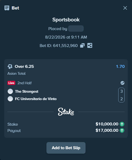 Bet slip: The Strongest - FC Universitario de Vinto, $10,000.00 stake at 1.70 odds, placed by tlwns4736