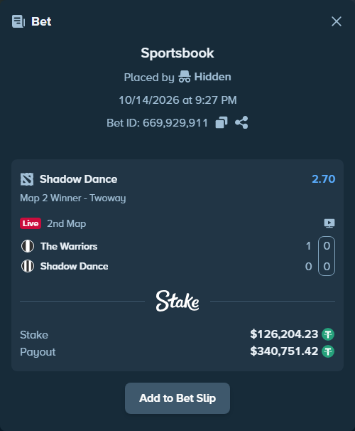 Bet slip: The Warriors - Shadow Dance, $126,330.43 stake at 2.70 odds, placed by Hidden