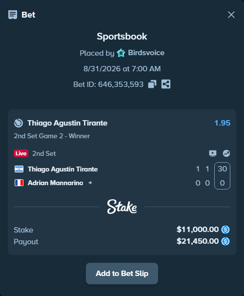 Bet slip: Thiago Agustin Tirante - Adrian Mannarino, $11,000.00 stake at 1.95 odds, placed by Birdsvoice