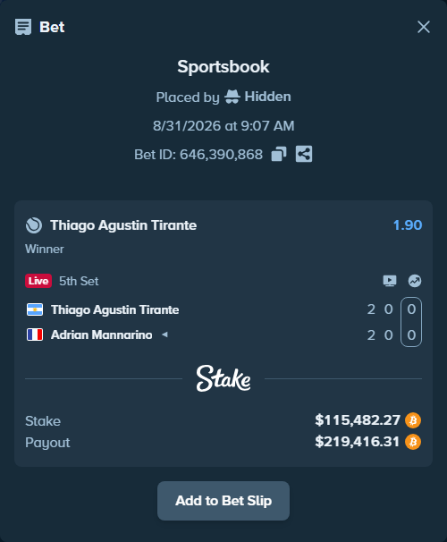 Bet slip: Thiago Agustin Tirante - Adrian Mannarino, $116,616.73 stake at 1.90 odds, placed by Hidden