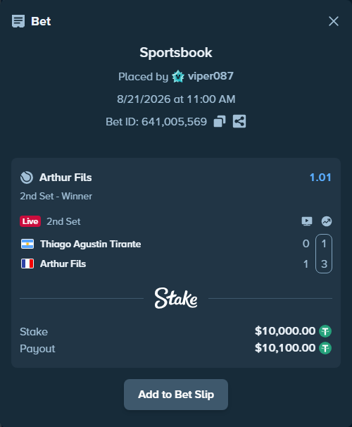Bet slip: Thiago Agustin Tirante - Arthur Fils, $10,000.00 stake at 1.01 odds, placed by viper087