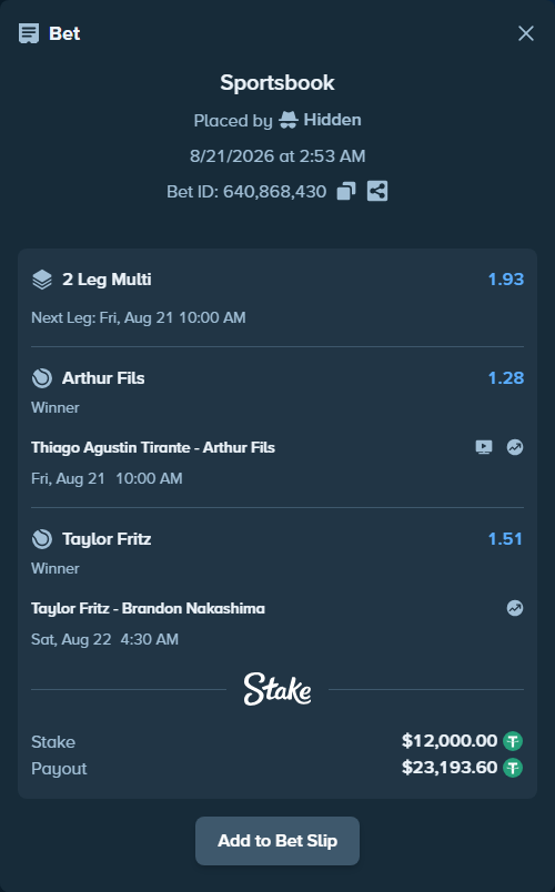 Bet slip: Thiago Agustin Tirante - Arthur Fils, $12,000.00 stake at 1.28 odds, placed by Hidden