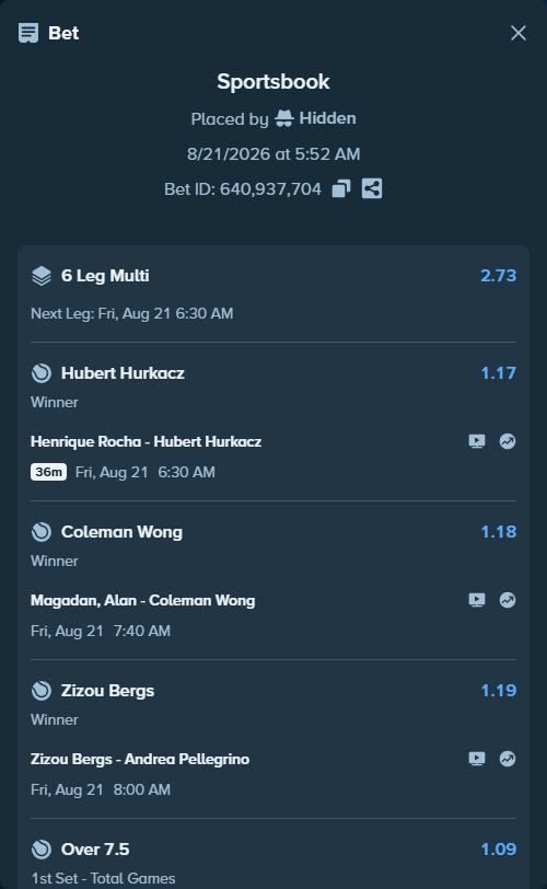 Bet slip: Thiago Agustin Tirante - Arthur Fils, $200,000.00 stake at 1.29 odds, placed by Hidden