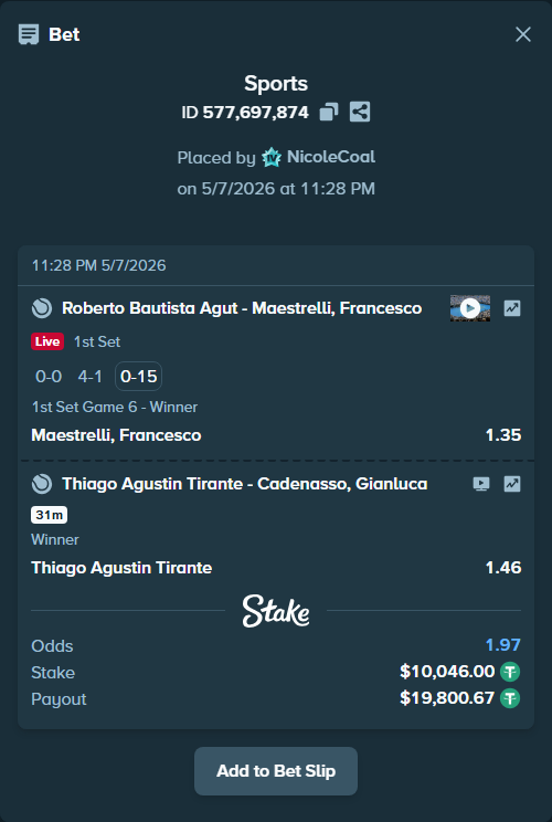 Bet slip: Thiago Agustin Tirante - Cadenasso, Gianluca, $10,046.00 stake at 1.46 odds, placed by NicoleCoal