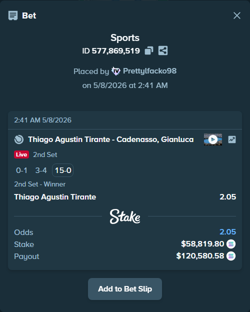 Bet slip: Thiago Agustin Tirante - Cadenasso, Gianluca, $48,909.32 stake at 2.05 odds, placed by Prettylfacko98