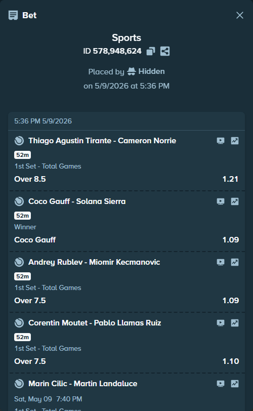 Bet slip: Thiago Agustin Tirante - Cameron Norrie, $100,000.00 stake at 1.21 odds, placed by Hidden