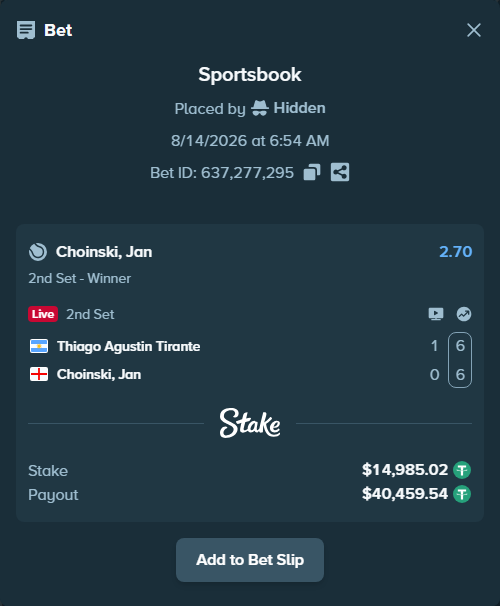 Bet slip: Thiago Agustin Tirante - Choinski, Jan, $15,000.00 stake at 2.70 odds, placed by Hidden