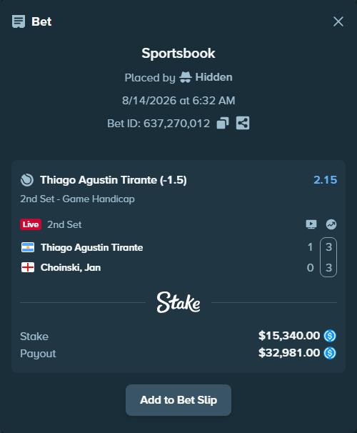 Bet slip: Thiago Agustin Tirante - Choinski, Jan, $15,340.00 stake at 2.15 odds, placed by Hidden