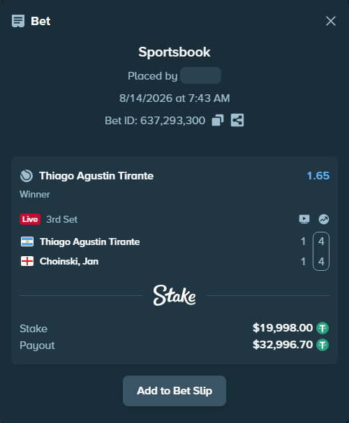 Bet slip: Thiago Agustin Tirante - Choinski, Jan, $20,018.00 stake at 1.65 odds, placed by Othmane2kiks